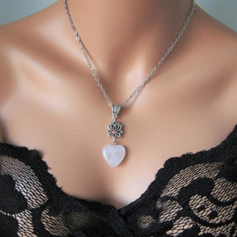 Quartz Necklace Natural Stone-Heart Charm Clavicle Chain for Women Lotus Flower Pendant Choker Party Valentines Day Gift