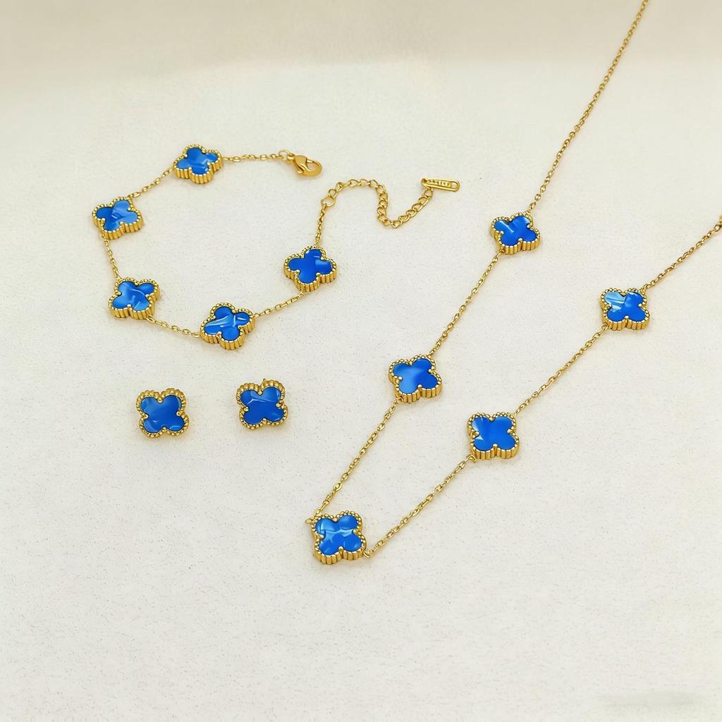 Set de Joyería de Acero de Titanio Madreperla Doble Cara Trébol de Cuatro Hojas con Pulsera, Collar y Pendientes