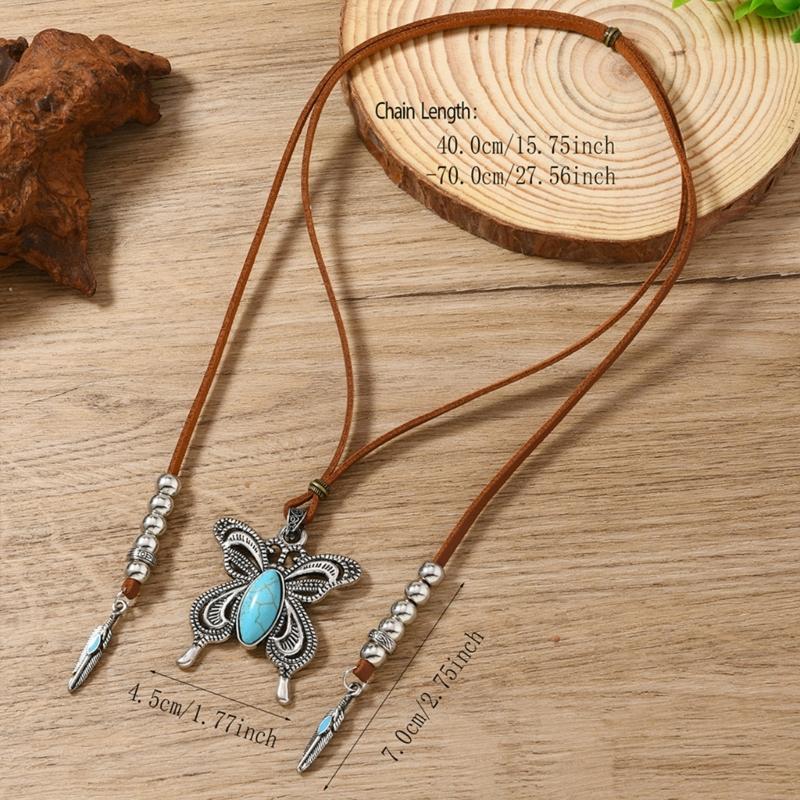 Fashionable Turquoise Butterfly Pendant Necklace Lightweight PU Alloy Neckchain Jewelry For Women Casual Wear