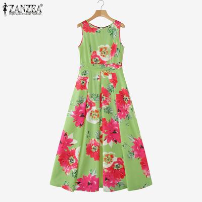 Abito casual da donna con scollo rotondo, senza maniche, stampa floreale in vita