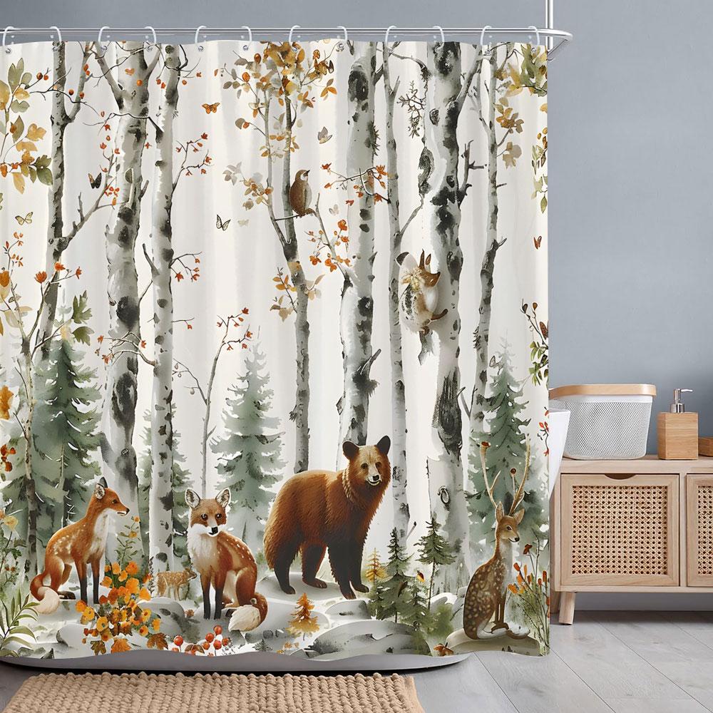 Forest Animals Watercolour Shower Curtain Deer Bear Fox Squirrel Flower Polyester Fabric Bath Curtains Bathroom Decor With Hooks