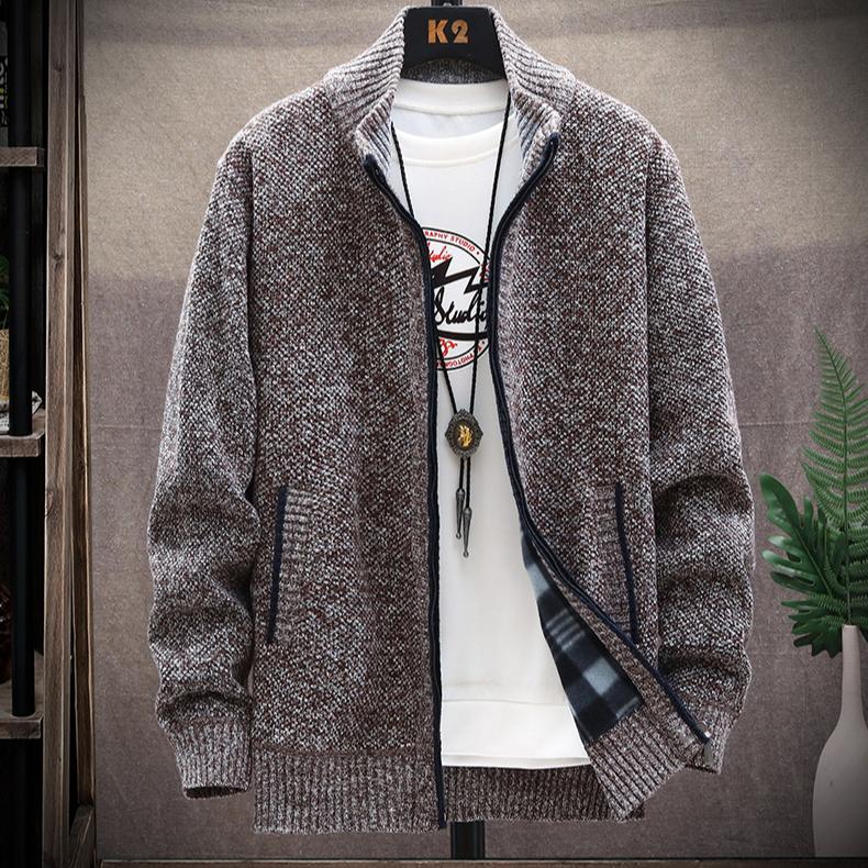 

Вязаный кардиган однотонный свитер мужской осенний пиджак с длинными рукавами на молнии теплый флисовый кардиган куртка XXXL кофейный