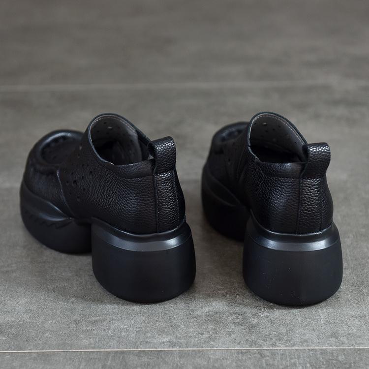 Johnature Thick Soled Retro Hollow Sandals Versatile Genuine Leather High Heels Women's Platform Shoes