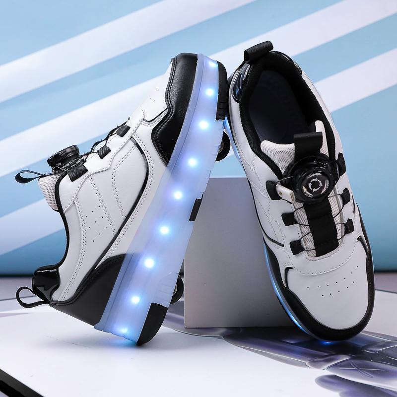 

Детские кроссовки на четырех колесах, съемные туфли на плоской подошве, перезаряжаемые через USB, светящиеся спортивные туфли, роликовые коньки для девочек, обувь для мальчиков 34 чёрный