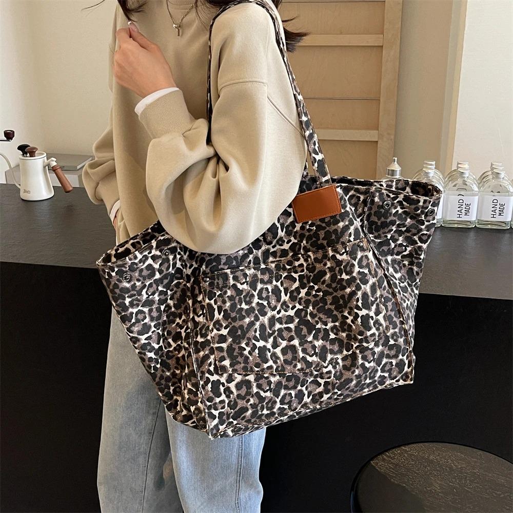 Oversized Leopard Prints Shoulder Bags For Women Deformable Canvas Large Capacity Shopping Totes 2024 Winter New Luxury Handbags