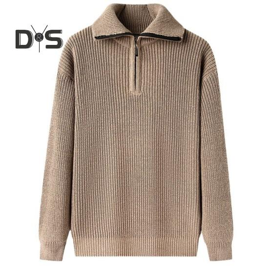 Men Fall Winter Sweater Lapel Loose Half Zipper Long Sleeves Mid Length Solid Color Retro Knitted Sweater