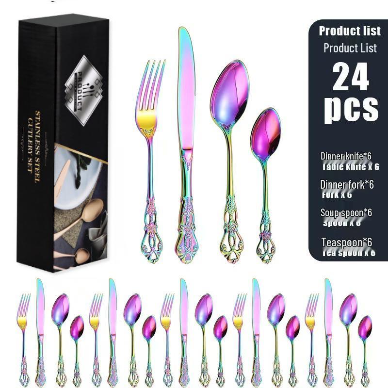 Royal Court 24-Piece Stainless Steel Cutlery Set - Embossed Hollow Steak Knives, Forks, and Spoons