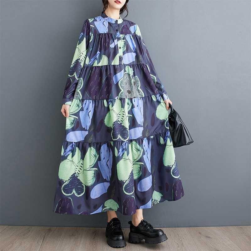 Loose and Thin Fashion Long-sleeved Printed Mid-length Dresses
