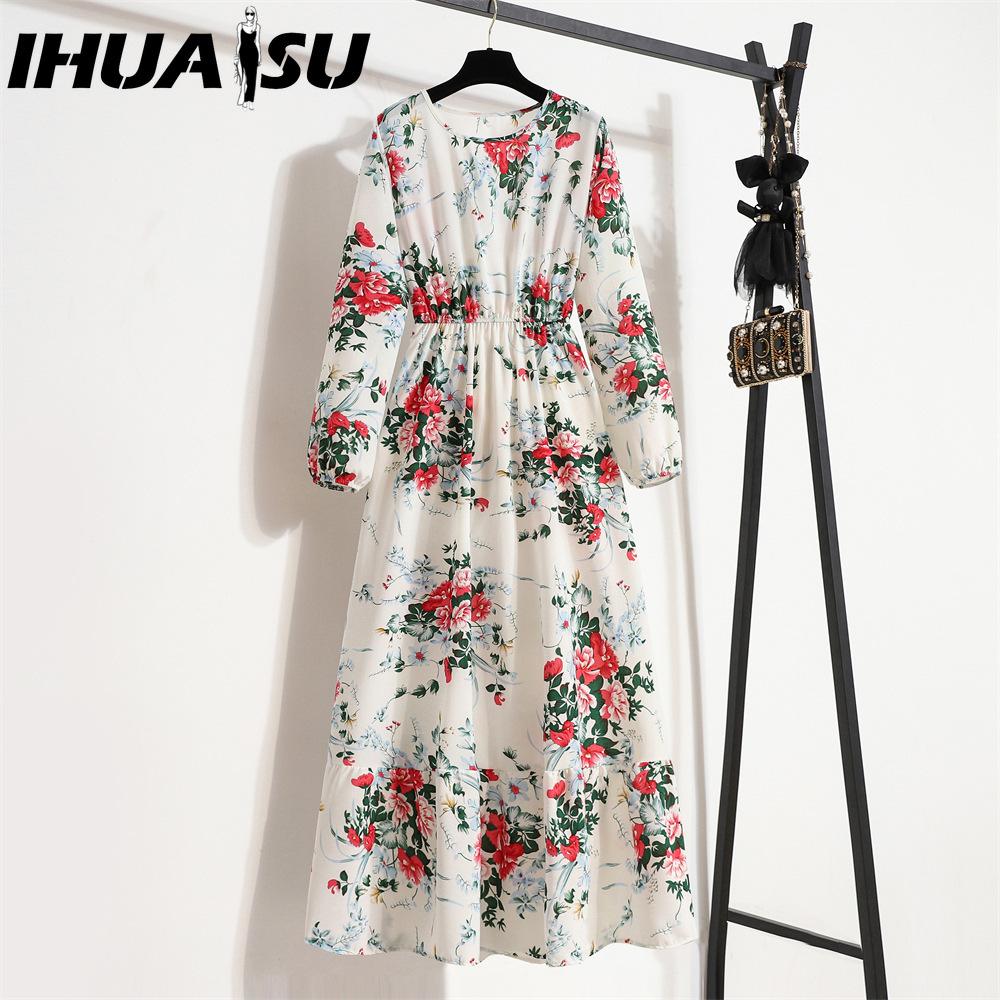 IHUASU 25 Colors Spring Women Maxi Dresses Casual Long Sleeve Floral Print O-Neck Ladies Long Dress Bohe Beach Party Mujer Vestidos Muslim Dress