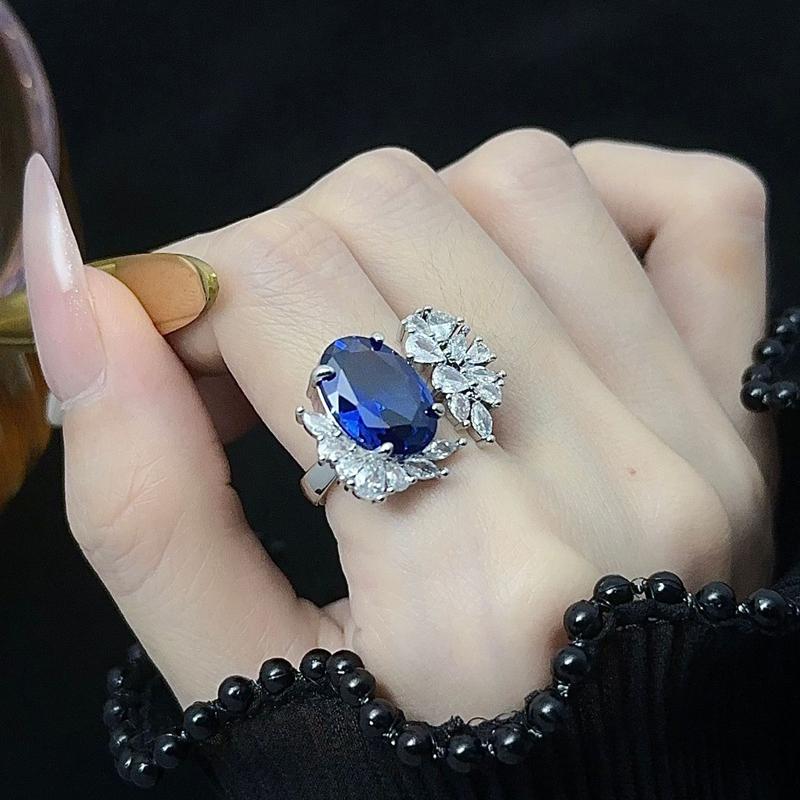 

Exquisite Sapphire Open Ring for Women Fashion Blue Zircon Flower Sterling Silver Ring Wedding Banquet Gifts resizable