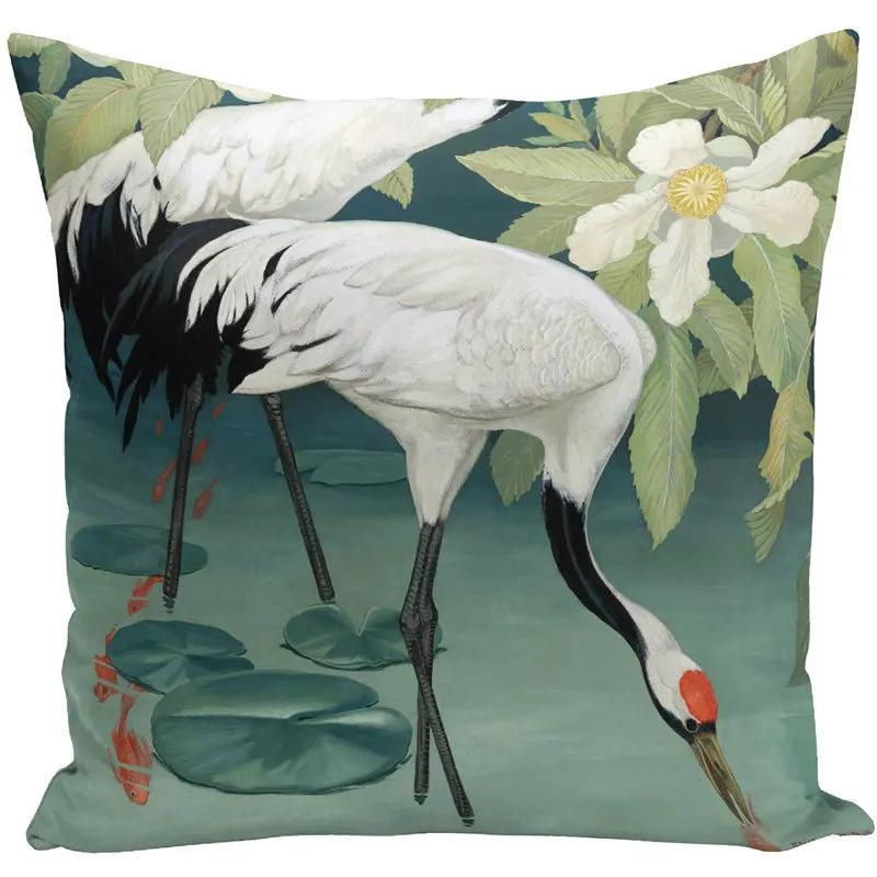 Retro Oil Painting Swan Fairy Crane Polyester Pillow Case Flower Flamingo Decorative Cushion Cover Sofa Chair Home Decor 45X45Cm