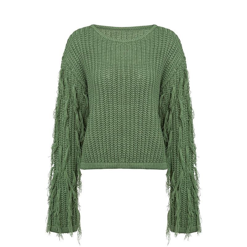 

Осенний свитер свободного кроя с длинными рукавами и кисточками - Европейский и американский стиль для женщин One Size зелёный