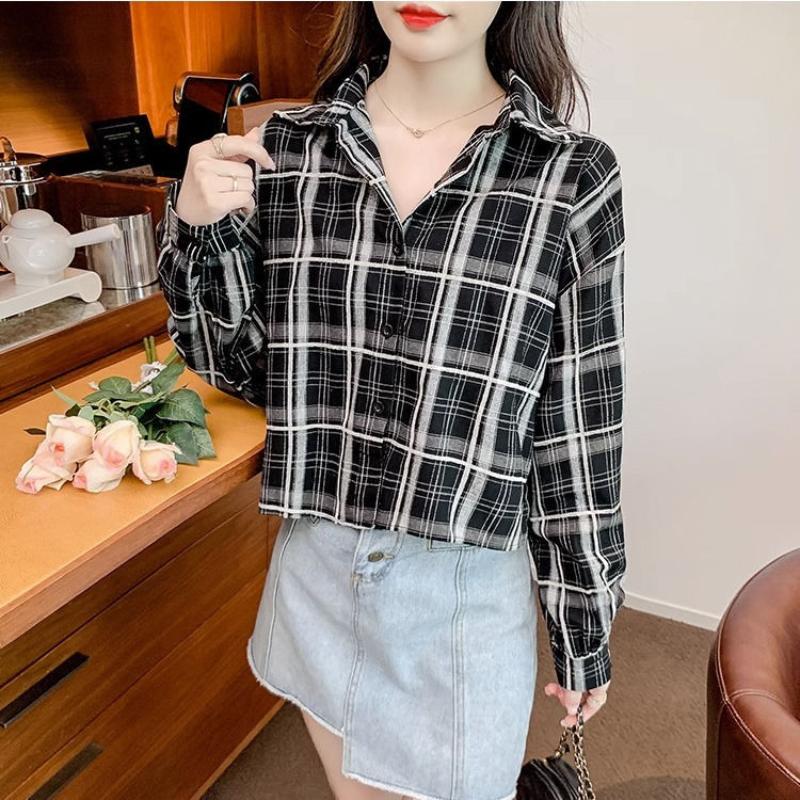 Button Pocket Cardigan Lapel Jacket Retro Plaid Shirt Versatile Fashion Casual Long Sleeve Top