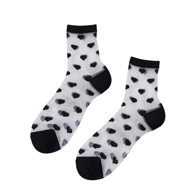 Women’s Summer Sheer Stockings - Black & White Polka Dot, Vertical Stripe, Heart Pattern