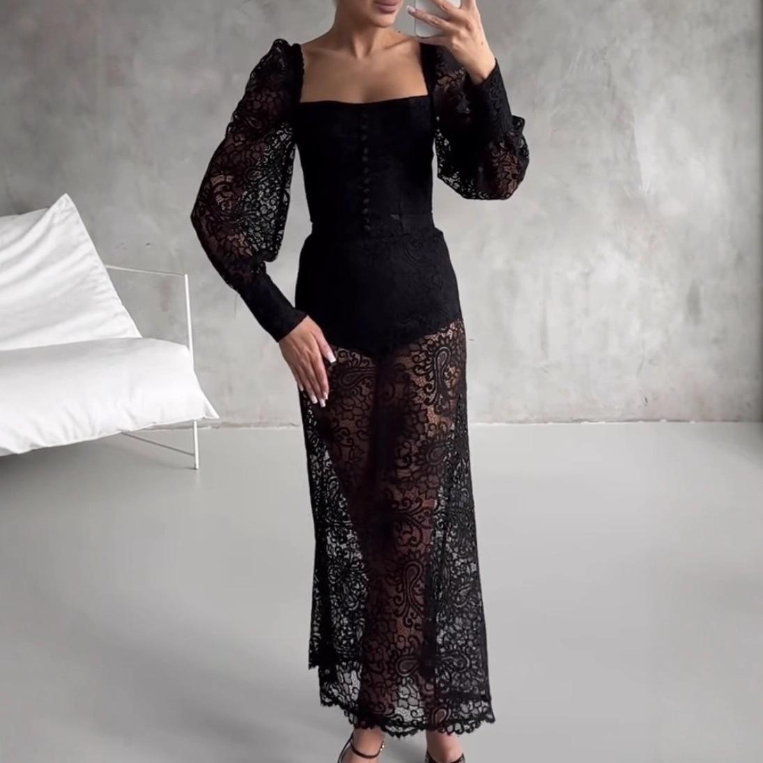 Трансграничное Женское Сексуальное Кружевное Пляжное Платье с Глубоким Вырезом и Воланами Extra Large (XL) чёрный