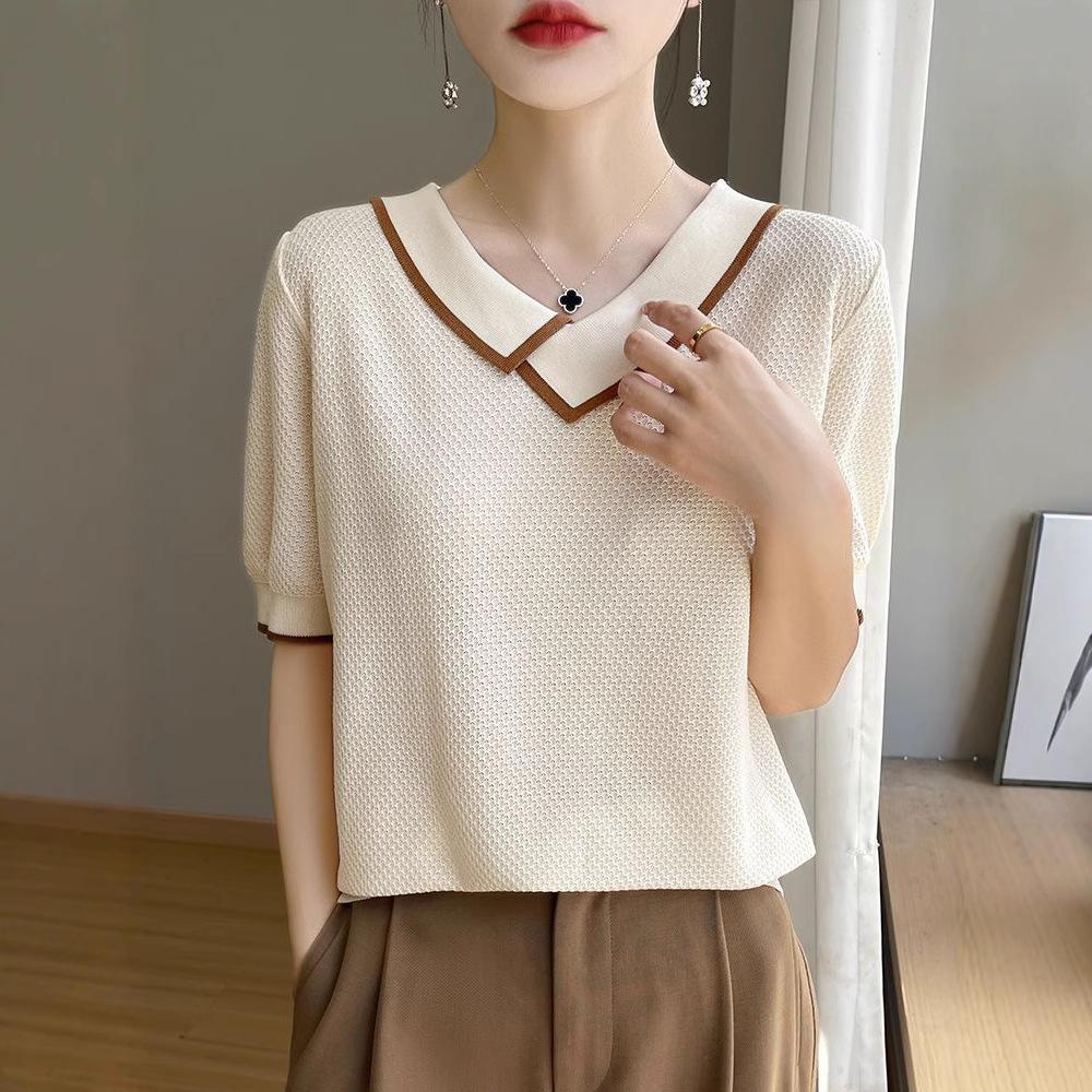 Summer Women's Knitted T-shirt Top V-neck Ice Silk Knitted Shirt Short Sleeve for Women