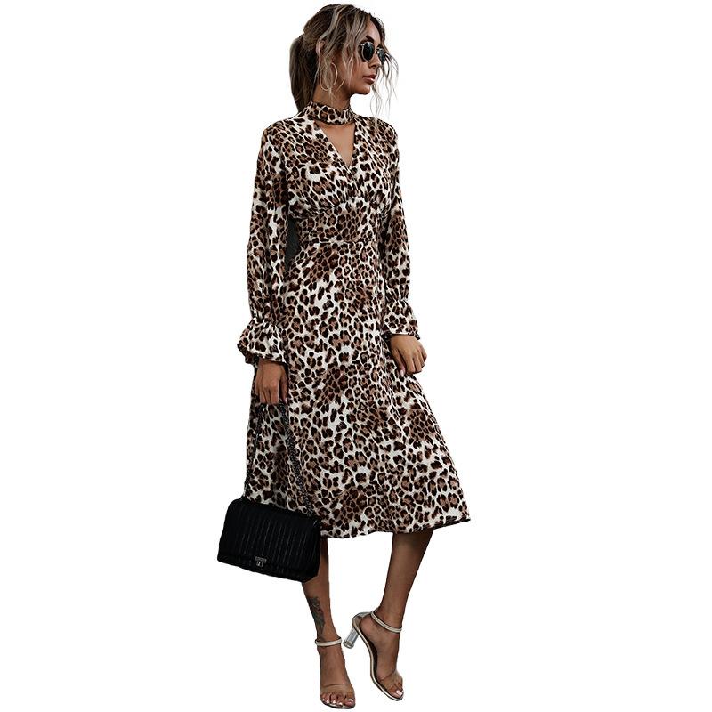 Temperament and Elegance Outer Wear Autumn and Winter Fashion Women's Leopard Print Long-sleeved Hollowed Out High Neck Dresses
