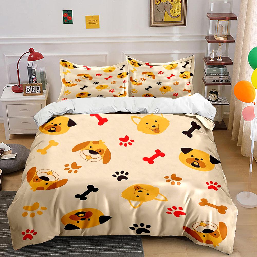 Cute Dog Faces and Paw Prints Bedding Duvet Cover Set Duvet Cover Pillowcases (1*Duvet Cover 2*Pillowcases, without duvet insert)