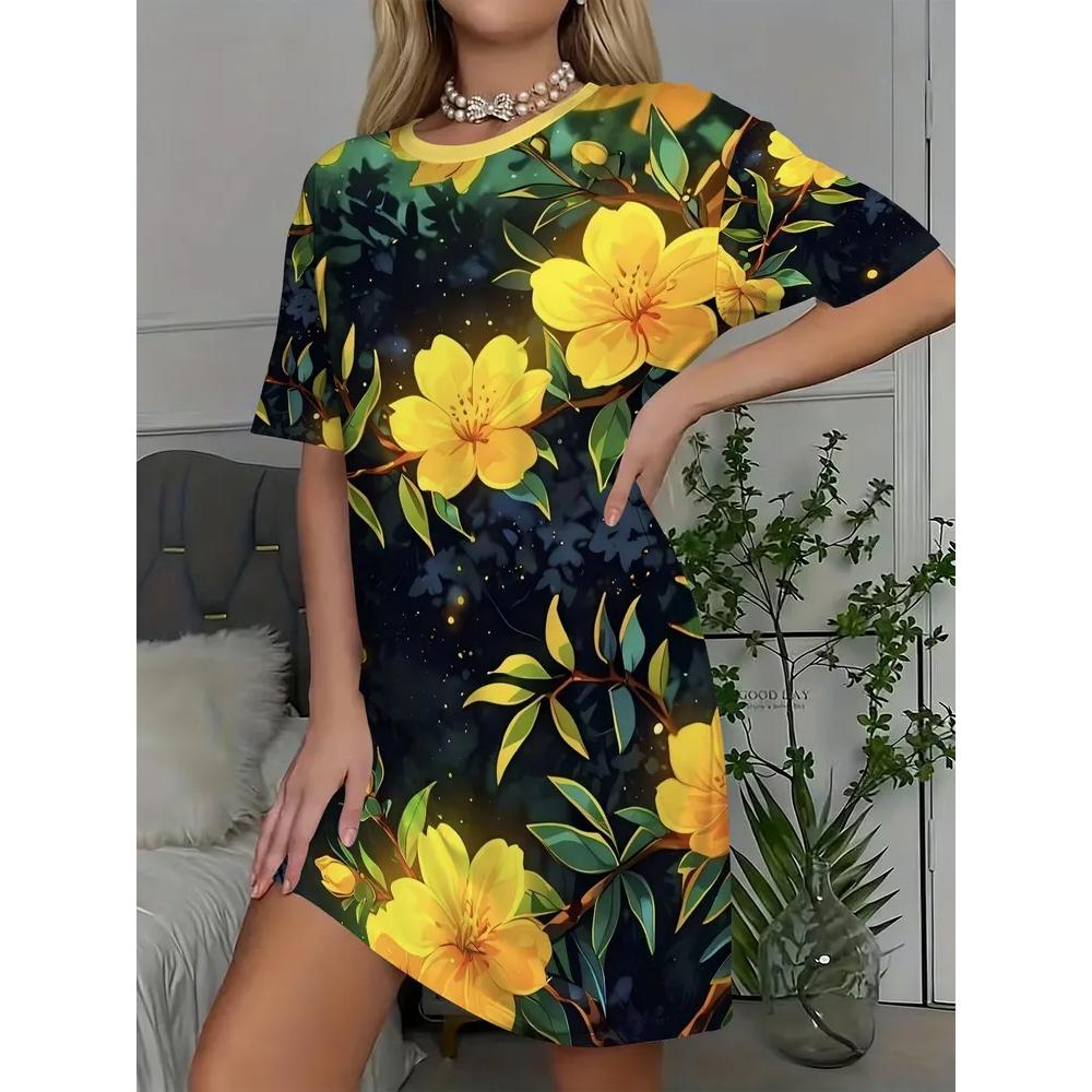Casual Versatile T-shirt Dress Comfortable Loose Crew Neck Casual Dresses