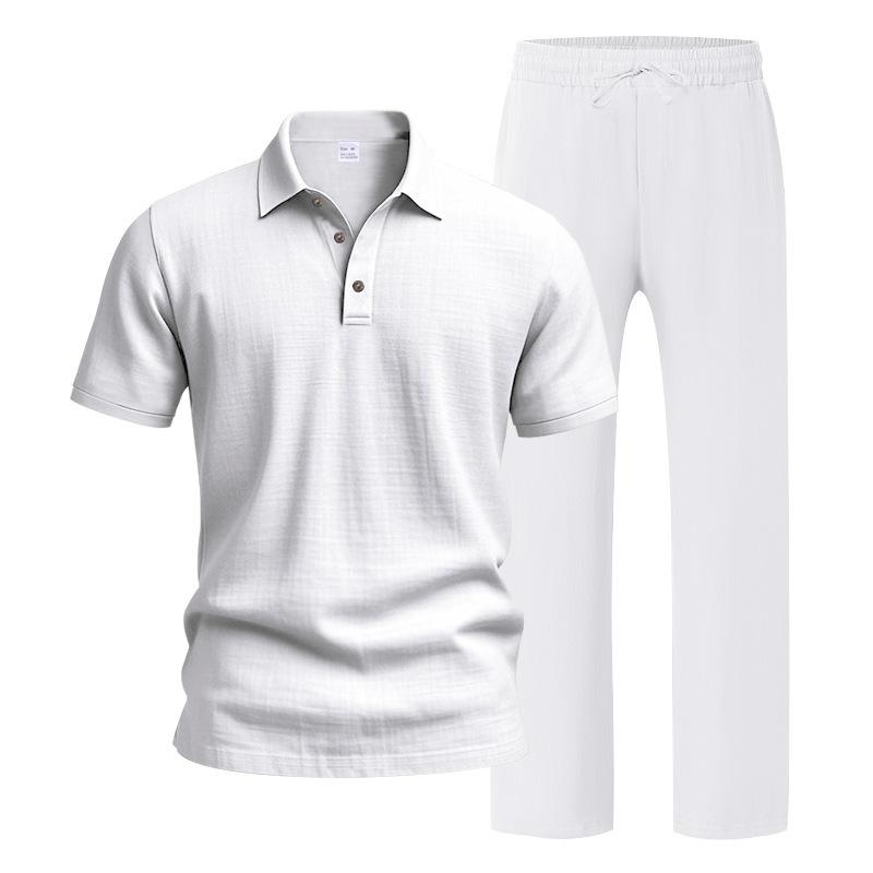 Men Linen Two Piece Set Short Sleeve Polo Shirt Drawstring Straight Leg Beach Trousers