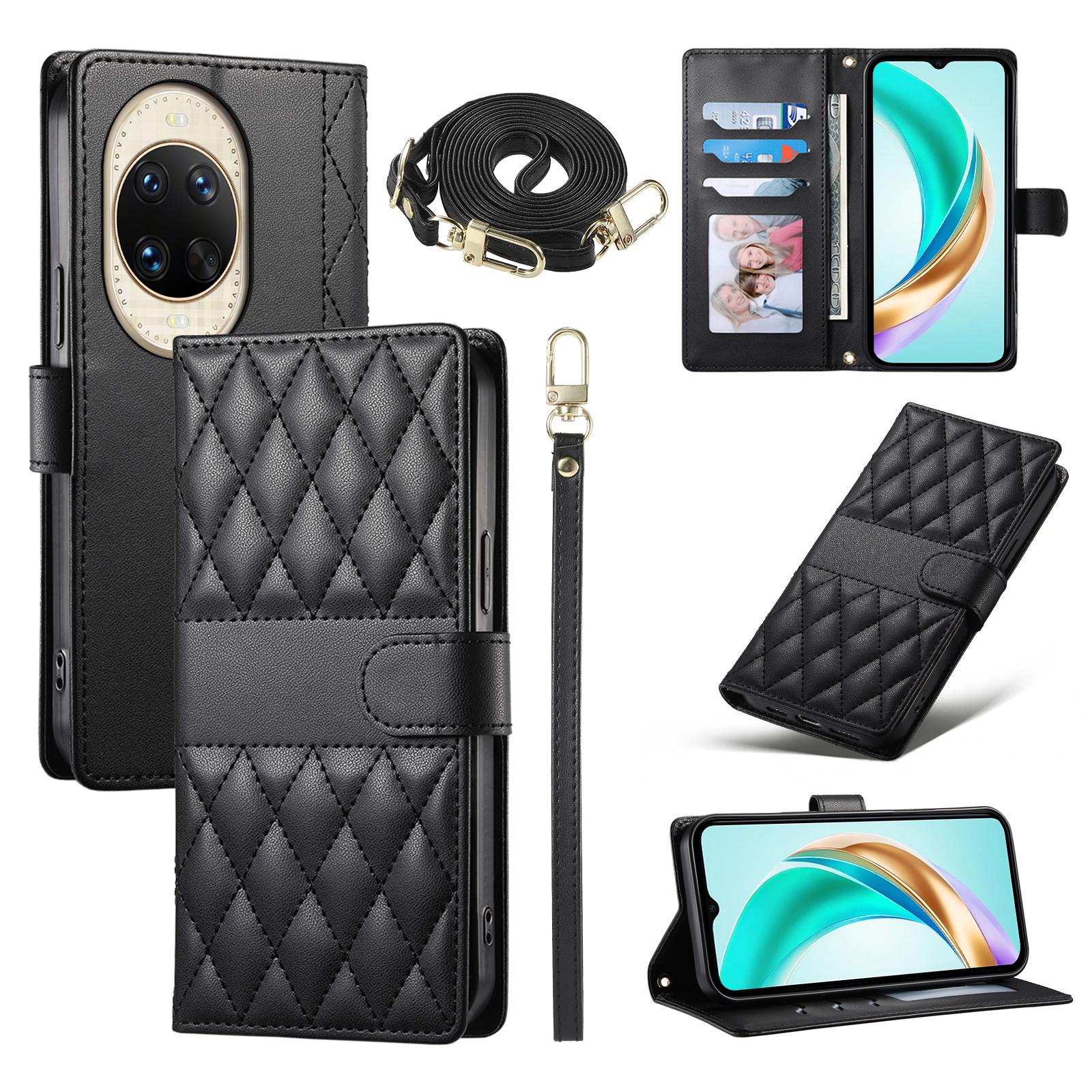 

For Huawei nova 14 Ultra 5G Case Rhombus Stitching Wallet Stand Leather Phone Cover with Long/Short Strap Black
