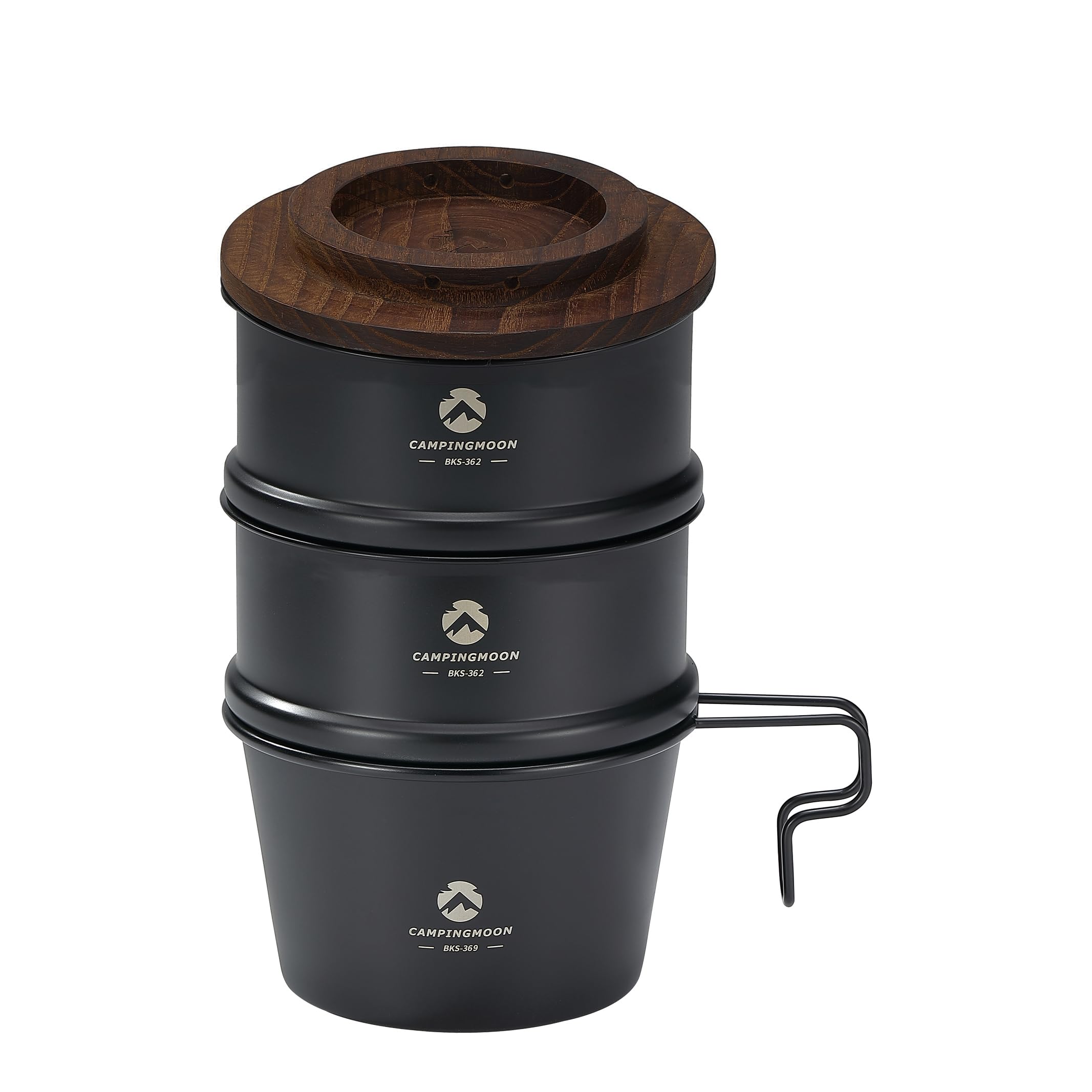 

CAMPING MOON Sierra Cup Steamer Set, 2-Tier, Black Stainless Steel 304, 12cm Diameter, with Wooden Coaster, BKS-369-362-2P-MG