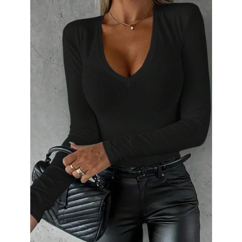 

Regular Shoulder V-neck Slim-fitting Tight-fitting Long-sleeved Women s T-shirts XS чорний