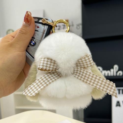 Real Rex Rabbit Hair Bowknot Little Rabbit Car Key Chain Pendant Cute Plush Drop Ear Rabbit Doll Bag Pendant