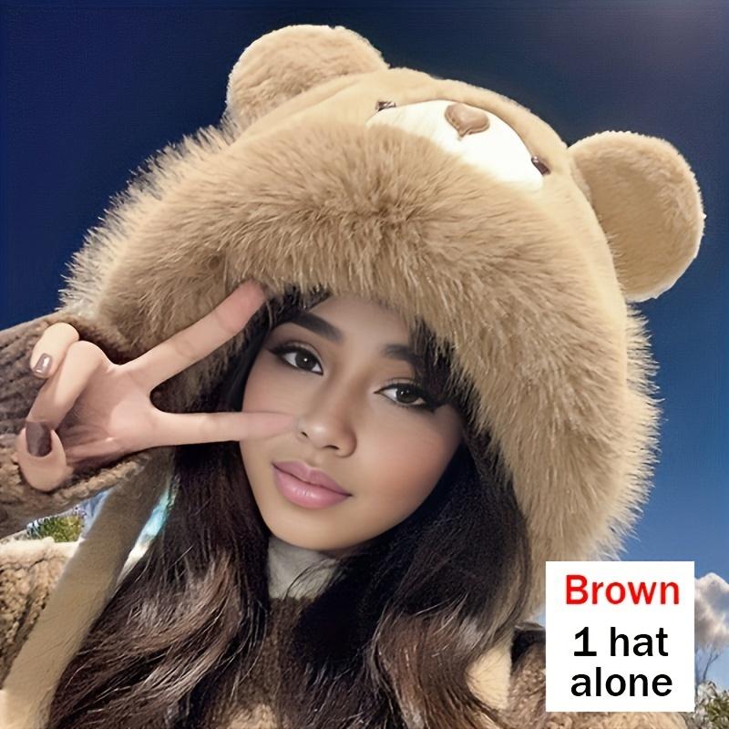 Winter Warm Windproof Balaclava Set with Attached Hand Covers - Polyester Furry Hat with Breathable Features, Hand Wash Only