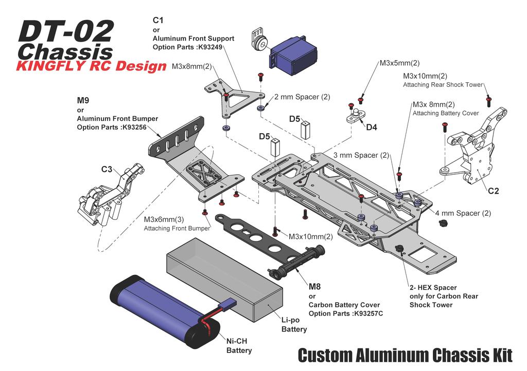 KF RC Ultra-Lightweight Aluminum Chassis for Tamiya DT-02 Buggy Kumamon Version/Super Fighter G/Desert Gator
