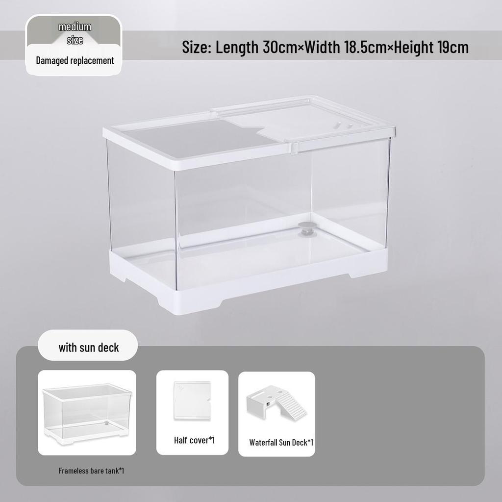 Acvariu Compact pentru Broaște Țestoase cu Platformă de Soare - Habitat Elegant de Birou cu Capac pentru Afișare Ecologică în Sufragerie