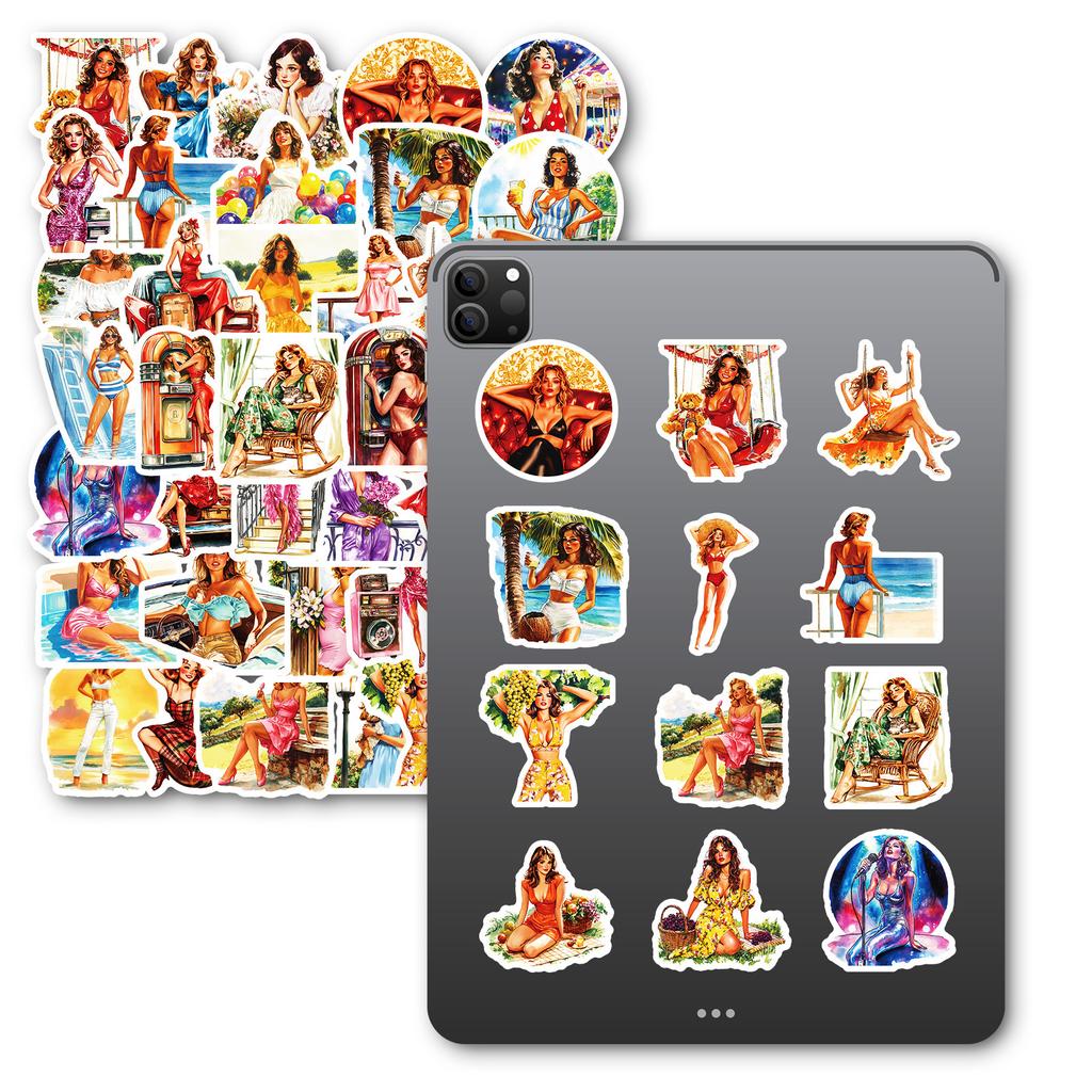 50 Summer Vintage Fashion Swimwear Girls Realistic Graffiti Stickers Diy Decorative Luggage Water Cup Stickers