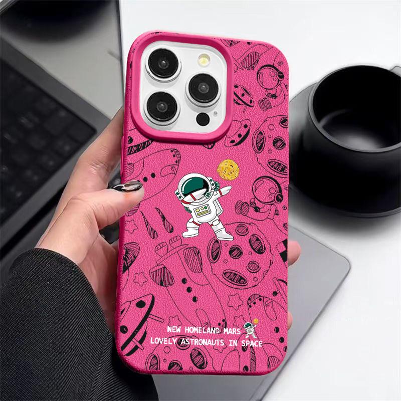 Cartoon Astronaut Pattern Leather Texture Phone Case for iPhone 16 Pro 15 14 13 12 Pro Max 11 Shockproof Tpu Soft Matte Slim Cover