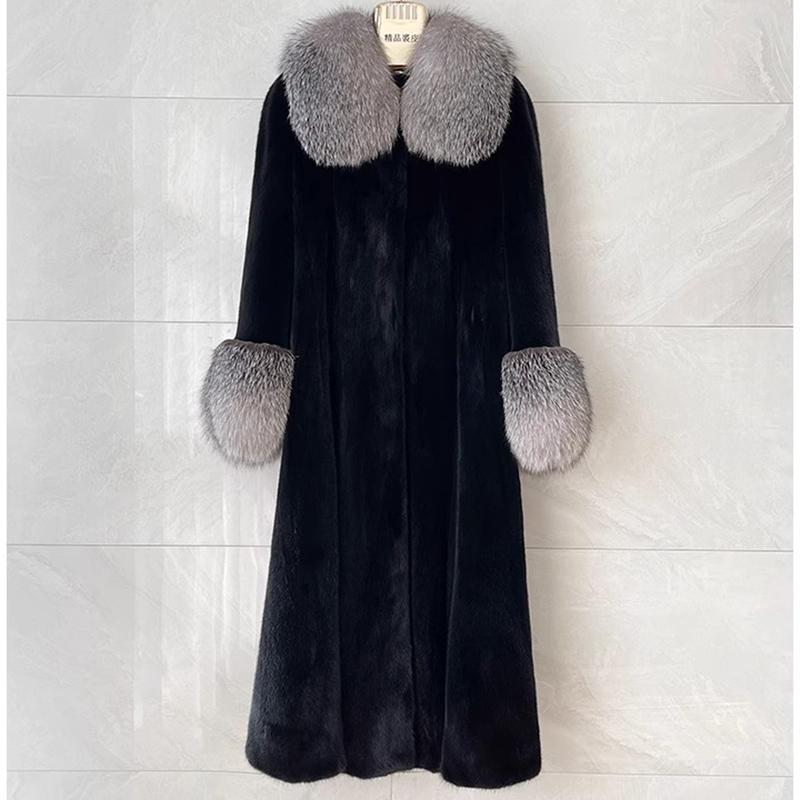 Women's Faux Fox Collar Long Velvet Mink Coat Women's Mink Fur Coat Casual Warmth