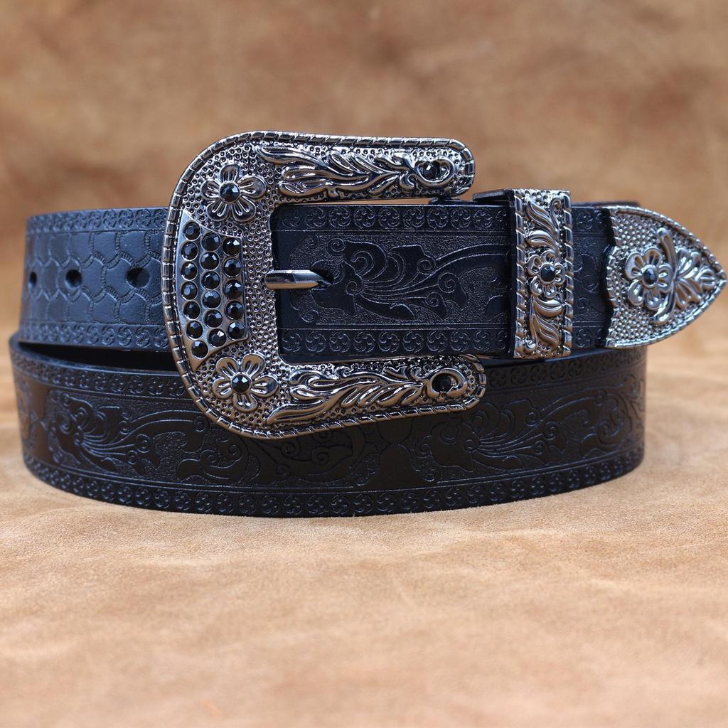 Amerikaanse Retro Embossed Koeienhuid Riem - Handgemaakt, Veelzijdig, Trendy Gesp met Pin voor Mannen