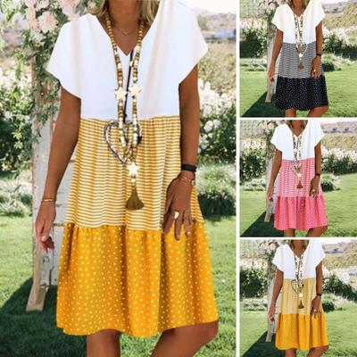 Damen Sommerkleid Colorblock Patchwork V-Ausschnitt Kurze Ärmel Locker Digitaldruck