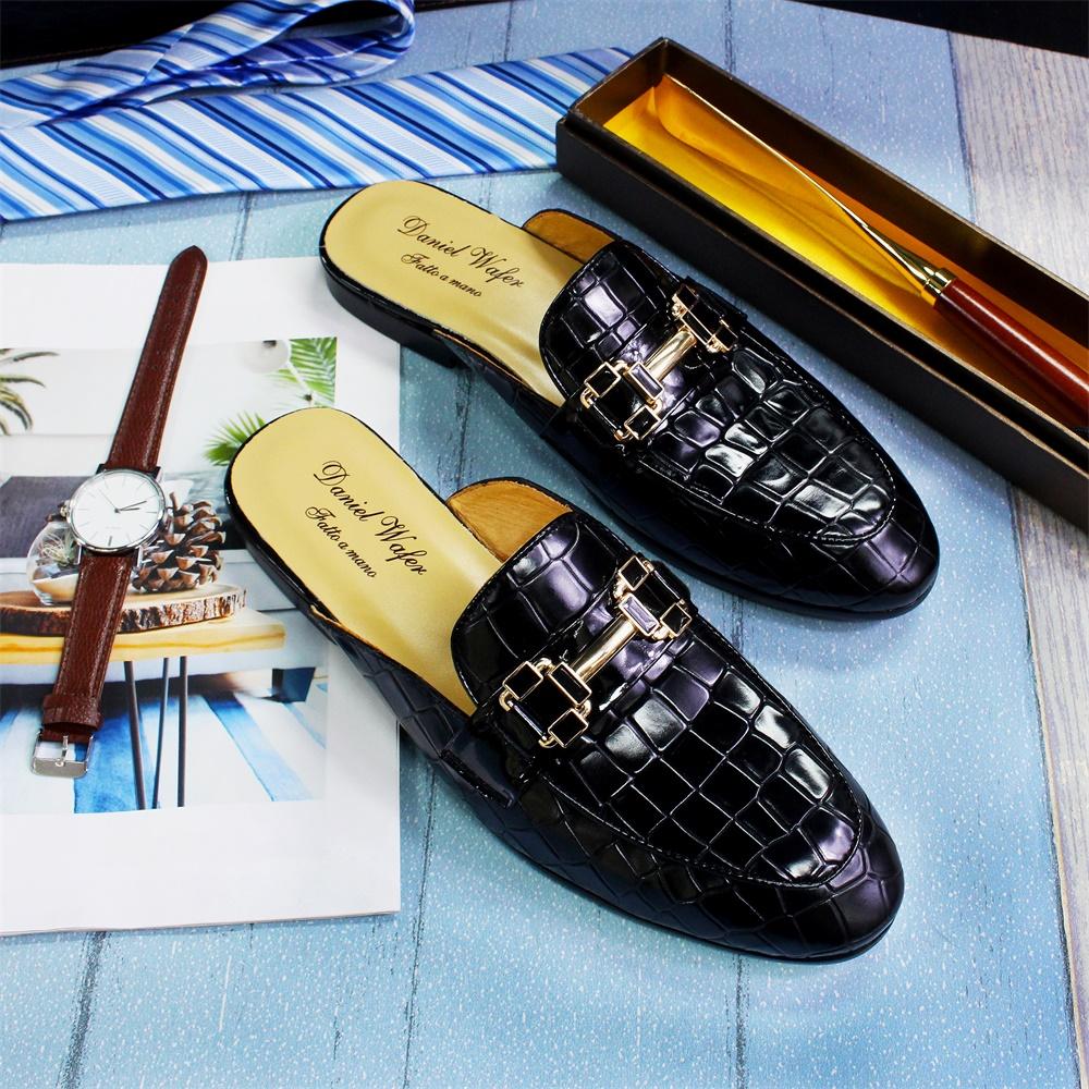 Fashion Men's Leather Half Shoes, Black Pointed Toe Flat Crocodile Pattern Metal Buckle, Comfortable Casual Men's Shoes Daily Home Shoes