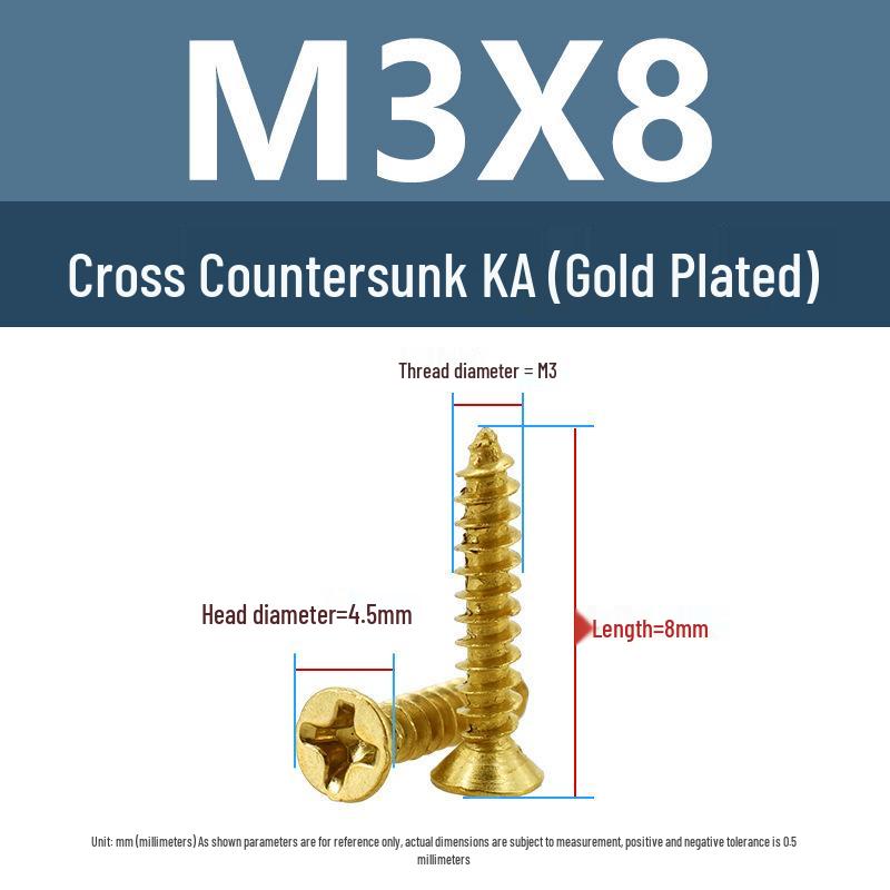 Yigu Gold-Plated Carbon Steel Self-Tapping Screws: Countersunk Head, Flat Head, Pointed Tail, Sizes M2-M4, Ideal for Electronics.