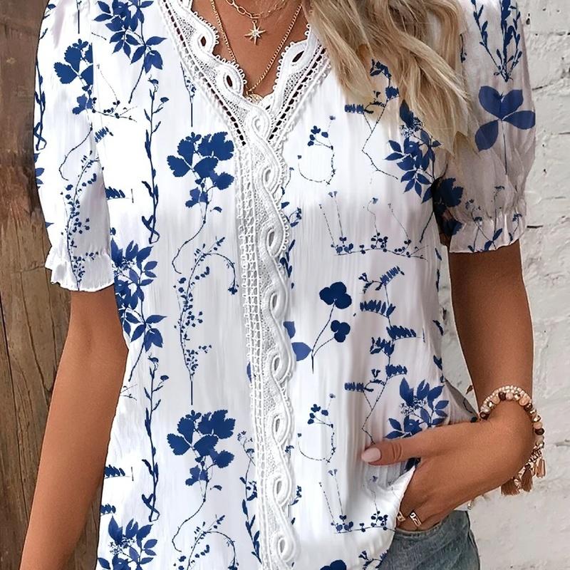 Summer V-Neck Color Block Print Blouse Women Clothing XL