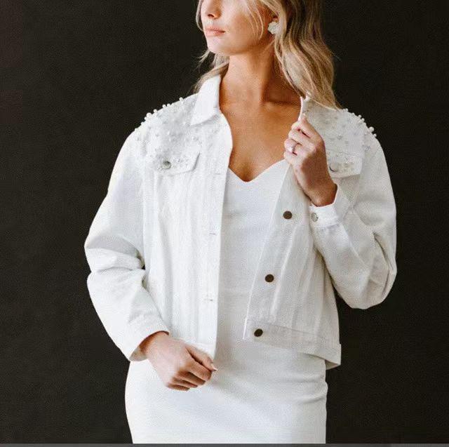 Women's Beaded Pearl Ulzzang Denim Jacket - Loose Fit, Spring/Autumn