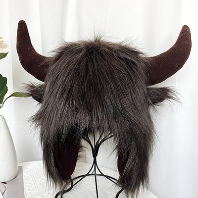 Winter Funny Hat Fake Cow Horn Decor Thunderbolt Thick Warm Faux Fur Ear Protection Personality Unisex Windproof Fluffy Photo Prop Women Men Cap