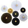 Fãs Decorativos de Papel de 8 Peças: Estampagem Dourada Oca, Flores de Leque Douradas Preto e Branco, Fundo de Pássaro Chama Azul Rosa