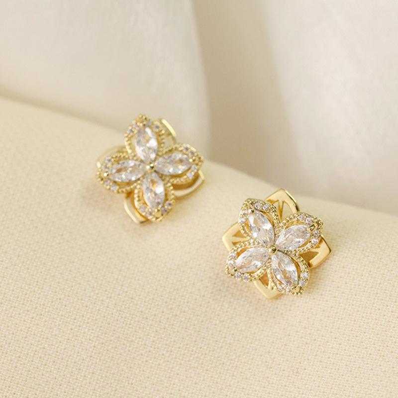 Cercei de lux rotativi cu morișcă, cu floare de zirconiu, pentru femei, cercei stud cu trifoi cu patru foi, bijuterii elegante de modă feminină
