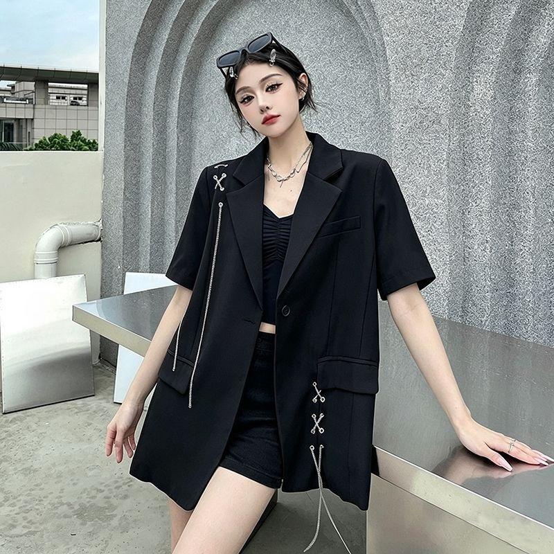 

Summer Black Loose Blazer for Women Niche Design Casual Thin Suit Jacket for Petite Girls Outerwear Top XL чорний