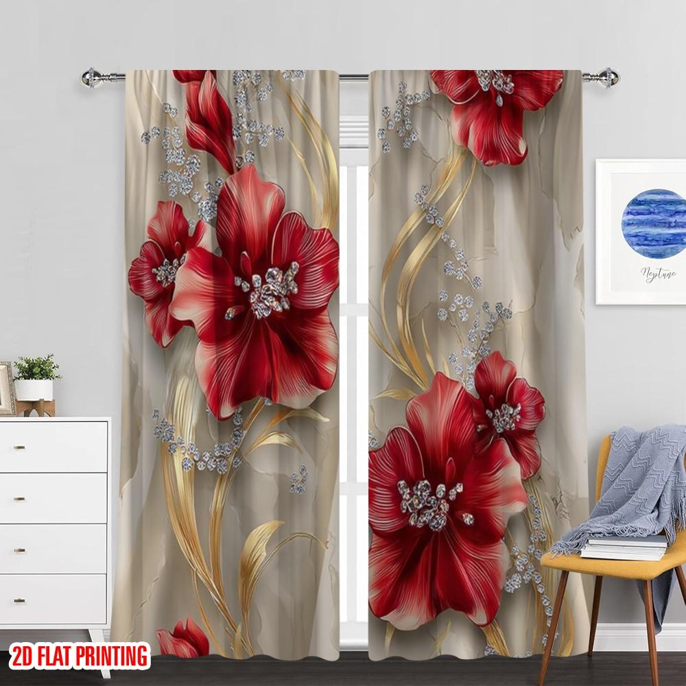 Flat Printing Drapes Red Floral Seal Digital Printed Polyester Holiday Decorations Use Event Curtain Set Of 2 Elegant Made Washable
