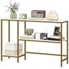 Mesa de Console de Três Níveis com Prateleiras de Armazenamento e Tampo com Efeito Mármore, 120 cm, Branco e Dourado