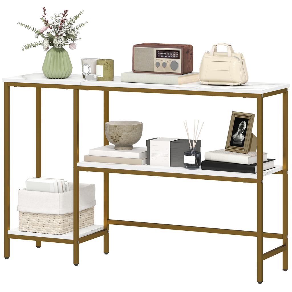 Mesa de Console de Três Níveis com Prateleiras de Armazenamento e Tampo com Efeito Mármore, 120 cm, Branco e Dourado