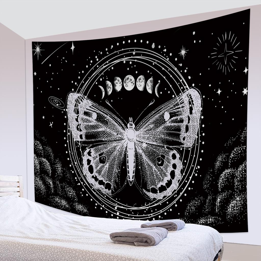 Butterfly And Moth Tapestry Black  White Flower Insect Specimen  Bedroom Dorm Home Decor