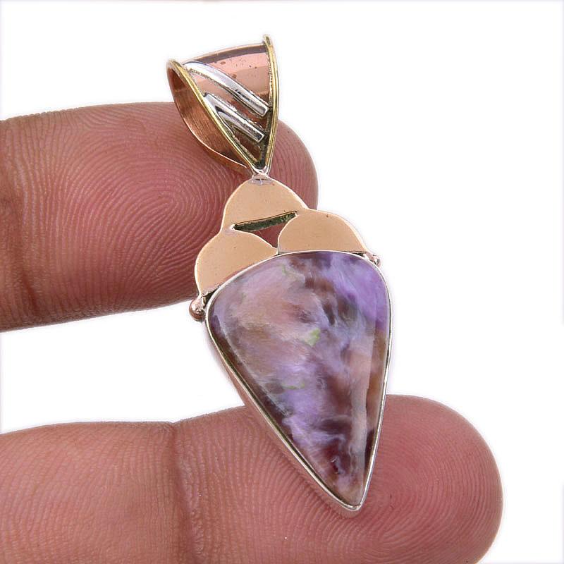 

Natural Charoite Gemstone 925 Solid Sterling Silver Two Tone Pendant 1.75 E2W29