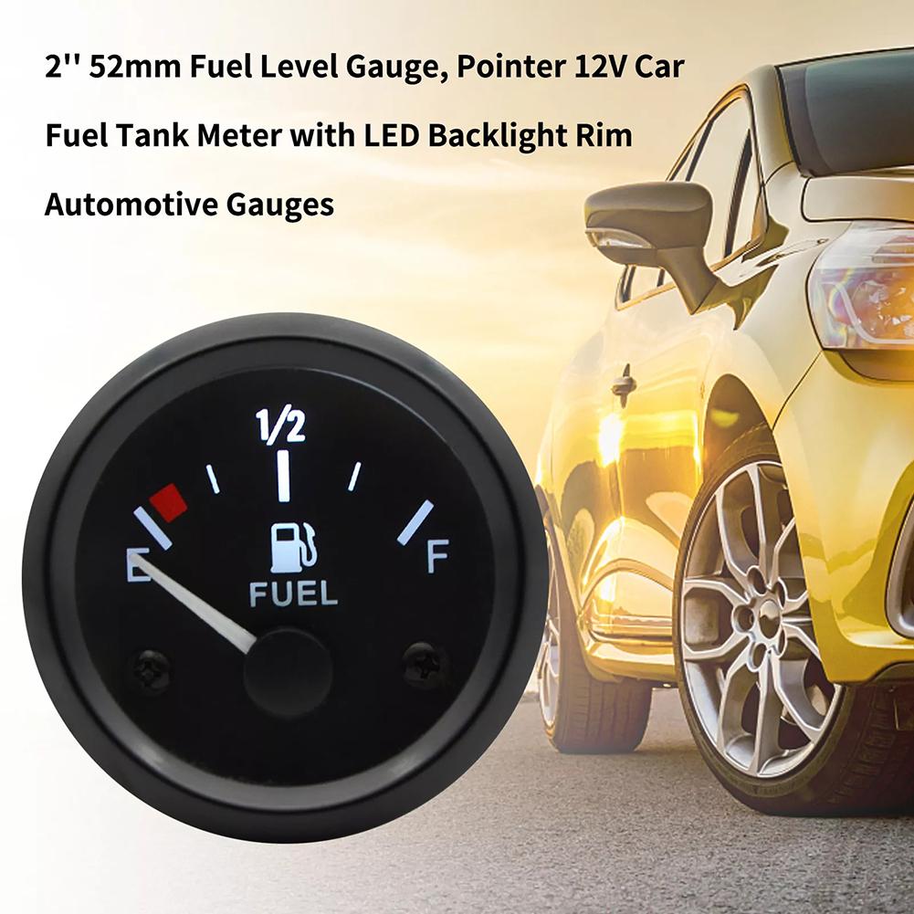 1x 12V 2'' 52mm Car Fuel Level Gauge Meter With Bracket 240-33 Ohm E-1/2-F White LED Light Black Plastic Gauges 6.8 * 7.2cm